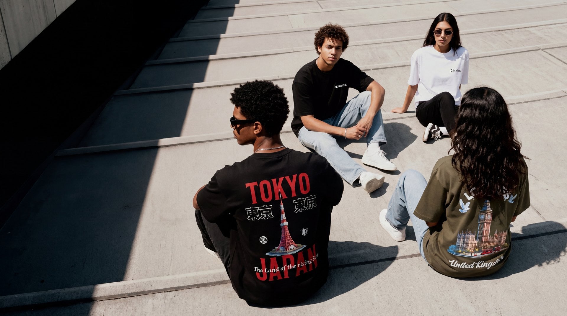 Four friends on sunlit concrete steps, the Tokyo and London back prints nearest the camera