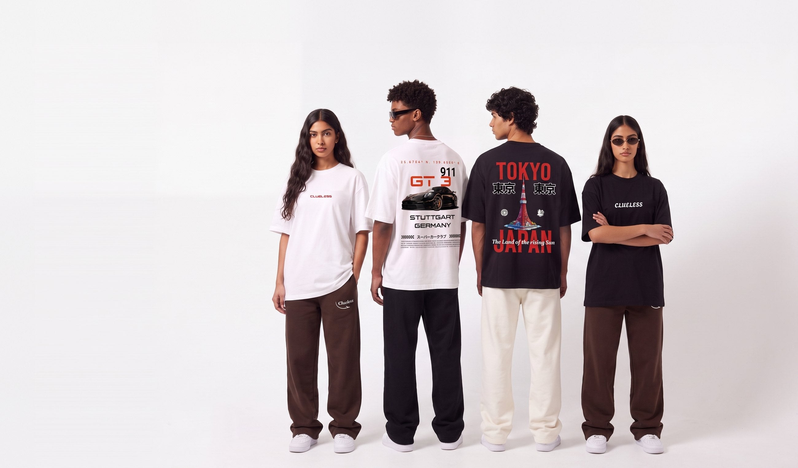 Four models in a studio line-up, the Wrong Way, In Transit and Sakura back prints to camera